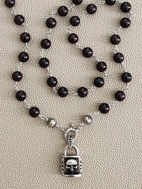 ROCKSTAR..GARNET NECKLACE W/ 925 SILVER SKULL LOCK--24"